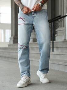 Manfinity LEGND 男士直筒宽松休闲百搭宽松牛仔裤，带口袋 - 藍色 - 查看 3