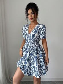 Elenzga Women's Blue & White Print V-Neck Cinched Waist Casual Mini Dress, Flattering And Holiday Style