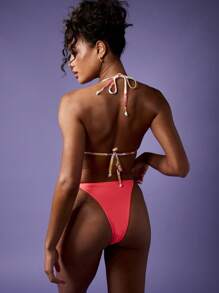 MISSGUIDED Ruched Triangle Bikini Set Summer Beach Swimsuit With Floral Print Ties High Cut Brazilian Bottom Vacation Resort Wear Pool Party Beachwear - Red - View 2