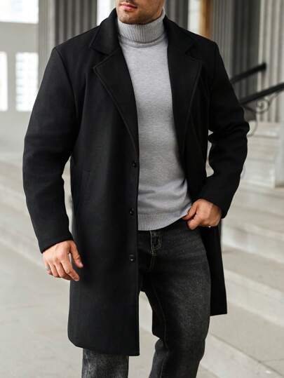 Manfinity Homme Plus Size Men Solid Color Lapel Neck Single Breasted Overcoat, Men's Long Sleeve Black Coat, For Fall Winter