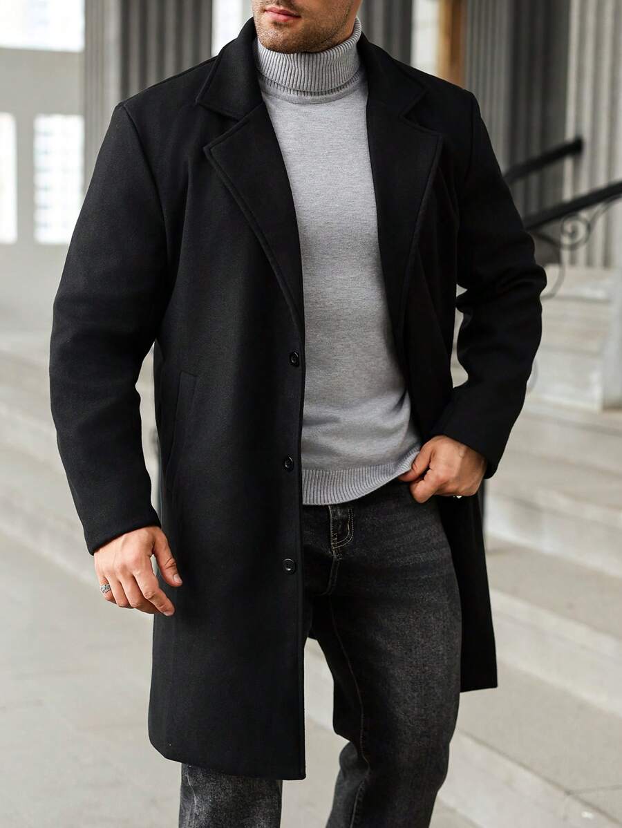 Manfinity Homme Plus Size Men Solid Color Lapel Neck Single Breasted Overcoat, Men's Black Coat, For Fall Winter