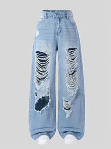 SHEIN Explorewe Teen Girls Y2K Style Casual Elastic Waist Distressed Light Wash Blue Straight Leg Jeans Loose Jeans With Oversized Ripped Street Style Holes