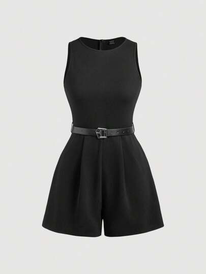 SHEIN MOD Black Vintage 70s Tank Jumpsuit With Complimentary Belt - Perfect For Old Money Style, Commuting Outfits, Collegiate Style, Casual Wear, Western Attire, Office Wear, And Airport Outfits Women Summer Clothing Women Summer Sets Women Plus Clothing Formal Woman S Summer Clothes Women Plus Clothing Business Casual,Business Casual Woman,Office Outfits For Women