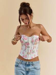 SHEIN BAE 这款女士浪漫优雅的花卉印花不对称下摆无肩带上衣，非常适合浪漫约会、甜美优雅的日常出行，还可以用作束身衣、无肩带文胸、塑身衣、日常工作文胸、可爱文胸或性感上衣，也是情人节的理想之选。 - 彩色 - 查看 3