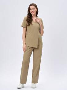 Scrubzie 2pcs/Set Women Nurse Scrub Uniform Wrap Top And Anti-Wrinkle Long Pants - Khaki - View 4