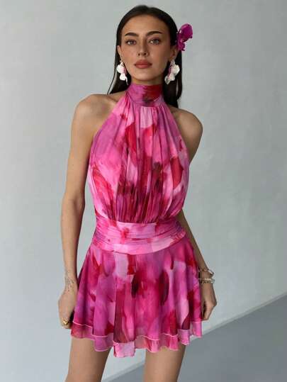 Aloruh New Spring/Summer Sleeveless Mock Neck Brush Print Mesh Ruched Layered Hem Open-Back Mini Dress, Suitable For Holiday, Date, Afternoon Tea, Vacation, Music Festival, Boho Style,Bodycon Dress