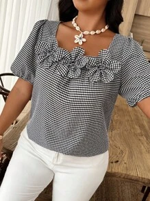 EMERY ROSE Plus Size Women Plaid Short Puff Sleeve Blouse With 3D Floral Decor, Summer - Black and White - View 3