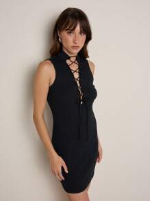 Nöista Women Plain Crossed-Straps Sleeveless Fitted Mini Dress - Black - View 7