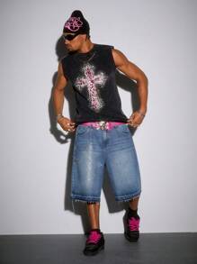 ROMWE MEN Street Life 男士休闲街头风水钻做旧无袖圆领背心 - 黑色 - 查看 6