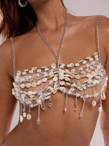 SHEIN BAE 女士性感海滩度假人造石和珍珠串珠装饰链条露背雪纺罩衫，夏季 - 杏色 - 查看 9