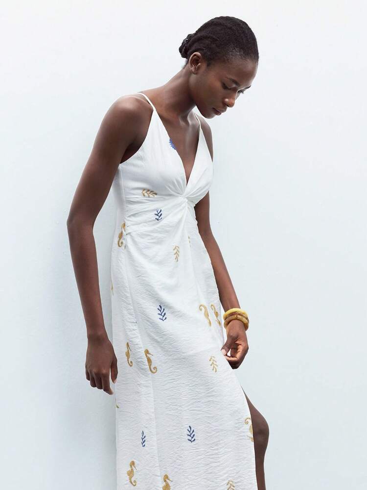 SHEIN Maija Women's White Ocean Element Embroidery Pattern Thin Straps V-Neck Open Back Front Center Twist Decoration Design Slit Design All-Match Summer Clothing For All Seasons, Modern Holiday Fashion Design, Comfortable Beach Beach Clothing, Bohemian Style,  Exotic Atmosphere, Country Concert, Western Style Clothing White Dress Gold Dress Resort Dress Seahorse Dress White And Gold Dress White Dress Gold Embroidery Summer Dress Sea Life Dress Gold Seahorse Dress Advanced Embroidery Craftsmanship Women Easter Summer Outfits Easter Dress Women Party Top Beach Dress Summer Holiday Outfits Each Vacation Outfits For Women