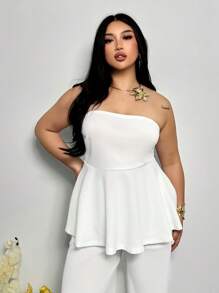 Firerie 女士夏季优雅休闲通勤装白色抹胸短款上衣，荷叶边下摆和直筒裤，两件套服装 - 白色 - 查看 4