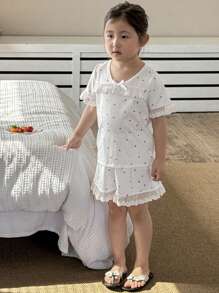DAZY Kleine Mädchen Erdbeer Allover-Muster Spitzensaum Pyjama-Sets, modische Homewear, Sommer - Weiss - Übersicht 6