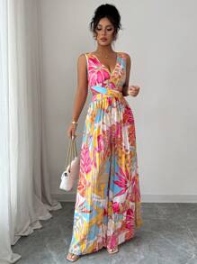 Elenzga Women's Floral Print Cinched Waist Jumpsuit With Pleating, Elegant For Vacation And Everyday Commuting - Multicolor - View 6