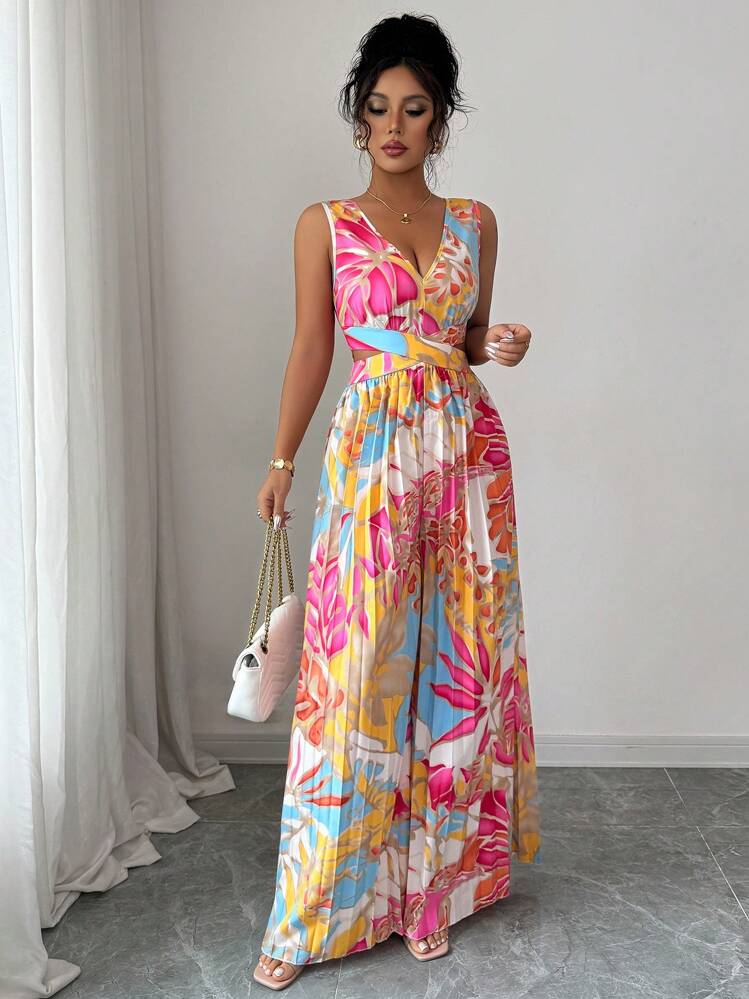 Elenzga Women's Floral Print Cinched Waist Jumpsuit With Pleating, Elegant For Vacation And Everyday Commuting - Multicolor - View 6