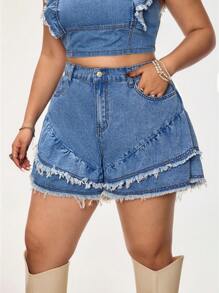 SHEIN ICON Quần short denim xanh nhạt rộng rãi thoải mái cho nữ cỡ lớn - Rửa nhẹ - Xem 6