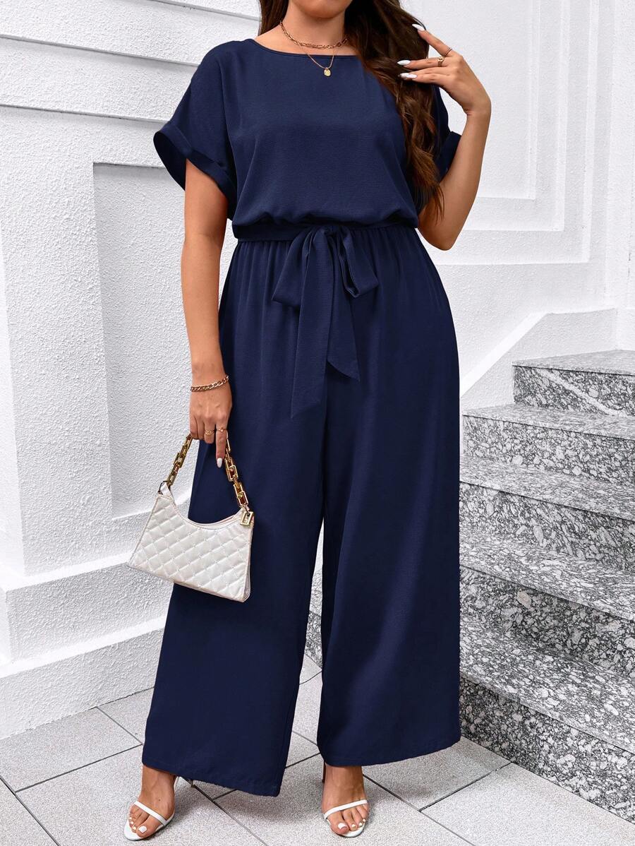 SHEIN Clasi Mono de pierna ancha con cinturón y cuello redondo elegante en talla grande - Azul Marino - Ver 1