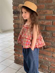 DAZY Completo vestaglia con volant a quadri e pantaloni a zampa di lanterna, per ragazze di taglia piccola, estivo