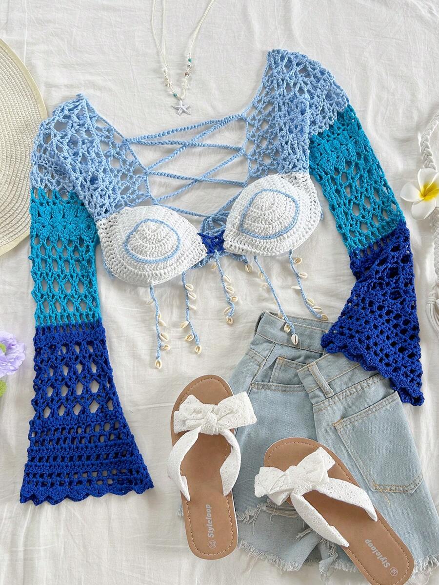 Soleia New Ombre Exaggerated Bell Sleeve Knit Top With Shell Tassel Decor - Blue - View 1