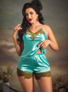 PinupPomp French Elegant Alluring Lace Camisole Women Pajama Set - Mint Green - View 4