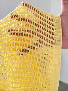 Cream Yellow Hollow Out Cover Up For Young Girl, Cute Casual & Comfortable, Suitable For Beach Vacation, Casual Outing, Home Gathering, Versatile