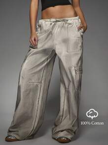 MISSGUIDED 高腰阔腿工装牛仔裤做旧洗水牛仔裤实用工作服街头服饰节日 Y2K 时尚秋冬宽松抽绳 - 卡其色 - 查看 8