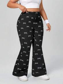 SHEIN Essnce Plus Size Women Knitted Denim Stretch Bow Print Flared Skinny Pants - Black - View 6