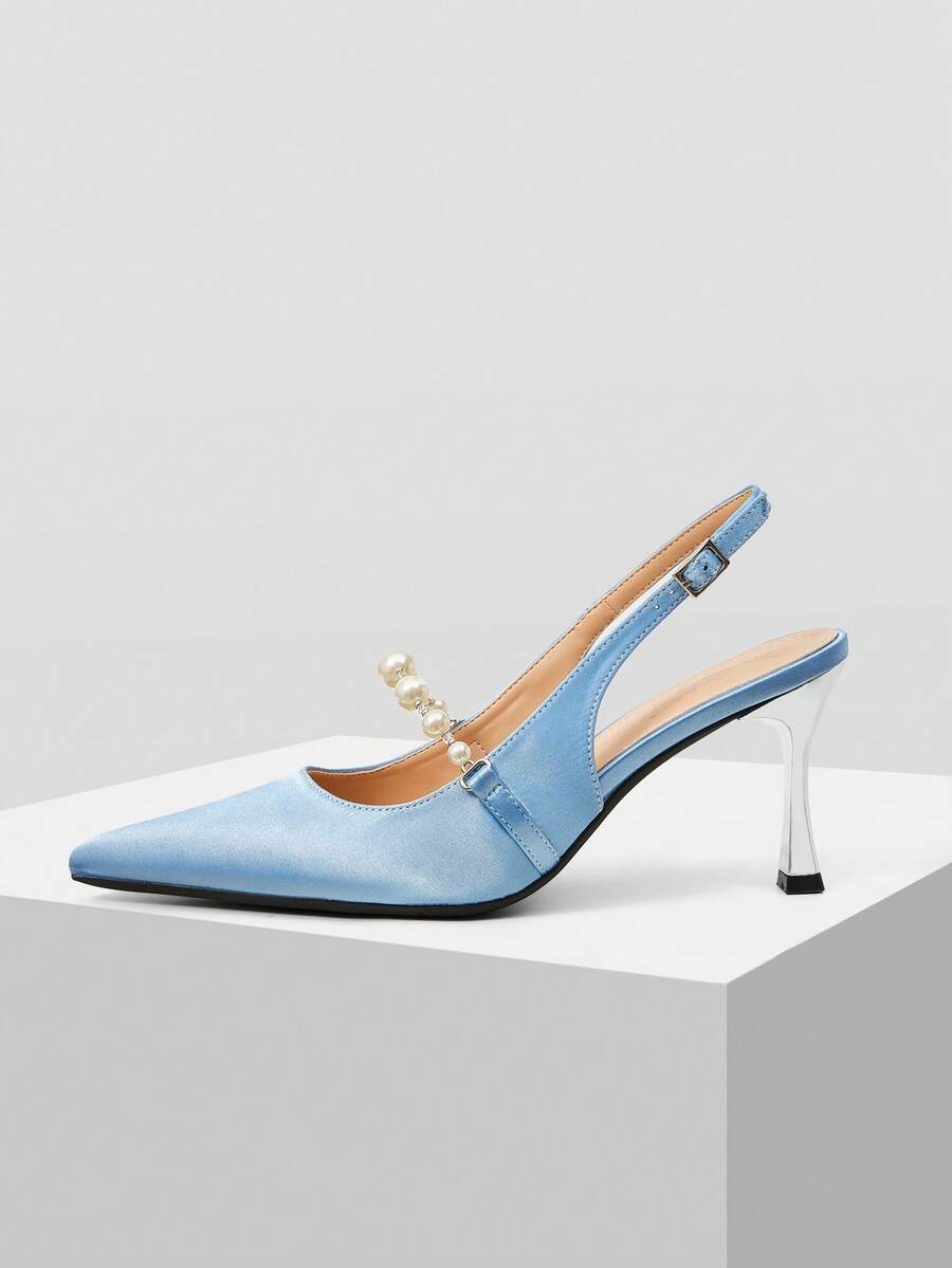 MOTF 女士人造珍珠装饰高跟鞋，优雅尖头细高跟鞋 - 淺藍色 - 查看 1