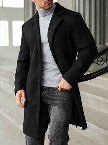 Manfinity Homme Plus Size Men Solid Color Lapel Neck Single Breasted Overcoat, Men's Black Coat, For Fall Winter