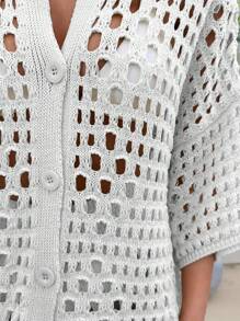 EURMUSE 女士镂空纽扣针织衬衫上衣和毛衣裤两件套套装沙滩装 - 白色 - 查看 8