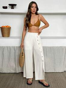 SHEIN Calças largas de linho com detalhe assimétrico de botões e bainha dividida, estilo casual de verão, estilo boho