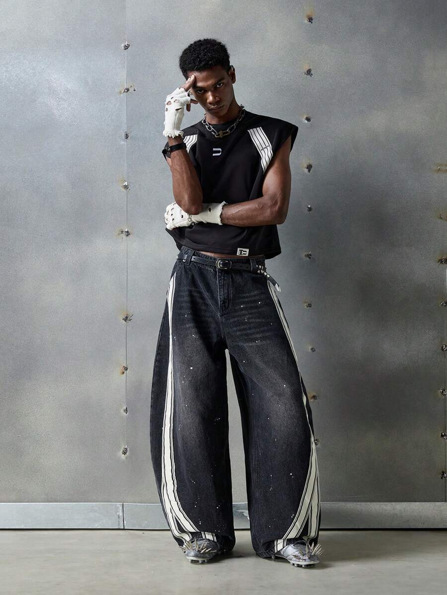 NEON BLANC Áo len không tay thêu họa tiết chữ phong cách đường phố dành cho nam, phù hợp cho mùa hè - màu đen - Xem 1