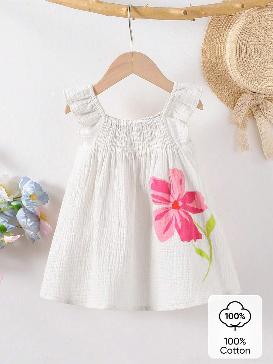 SHEIN Vintaside Kids Baby Girl Summer Korean Style Casual Adorable Pink Floral Ruffle Sleeve Woven White Dress - White - View 1