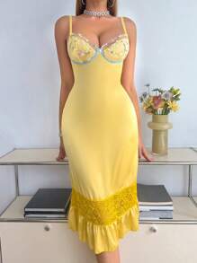 SHEIN 性感仿丝刺绣拼接简约性感风格女式睡衣黄色睡裙 - 黃色 - 查看 1