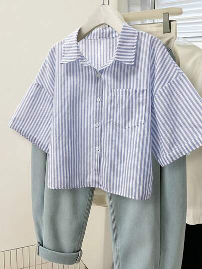 Calvaya 大码女式夏季休闲短袖条纹百搭前扣衬衫