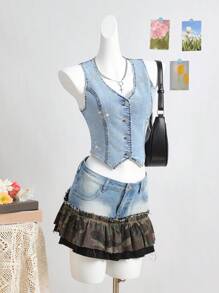 SHEIN Teen Girl Sparkling Star Rhinestone Decor Light Blue Denim Elastic Fitted Sleeveless Vest, Spring And Summer Casual Vacation Country Boho Wear