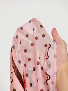 SHEIN MOD 女士波点印花蝴蝶结不对称褶皱网纱上衣 - 粉色 - 查看 5