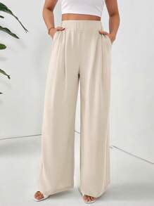 SHEIN Frenchy Quần dài cơ bản xếp ly đơn sắc thanh lịch cho nữ đi làm - Màu be - Xem 4