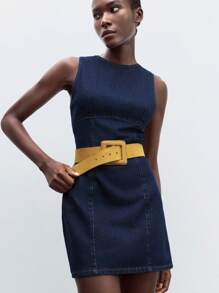 Maija 女士蓝色牛仔无袖圆领修身休闲连衣裙，商务休闲办公装 - 深色水洗藍 - 查看 3