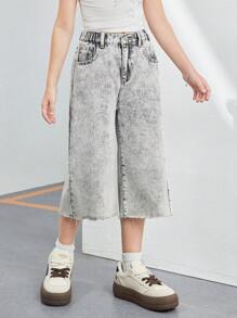 Fashionable Minimalist Heavily Distressed Washed Tween Girls Casual Denim Jeans - Grey - View 3