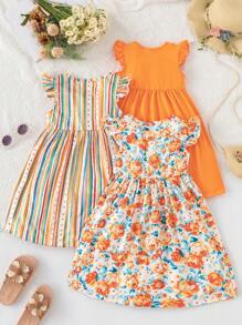 3 件套幼儿女童波西米亚花卉条纹拼布圆领荷叶边盖袖休闲连衣裙，夏季日常穿着
