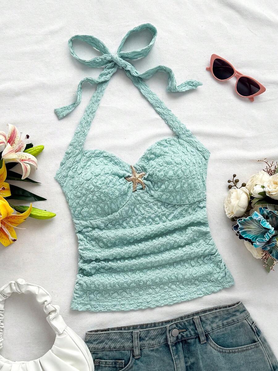 Soleia 女士V领花卉金属扣系带上衣，白色针织纹理修身款，适合度假、音乐节、波西米亚风、假日和下午茶约会。 - 淺藍色 - 查看 1