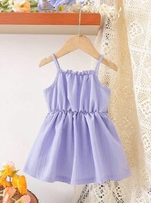 SHEIN 1 件女婴无袖编织饰边复古风格吊带裙 A 字褶裙，甜美公主休闲裙，适合度假/旅行/日常穿着，柔软舒适的蓝色面料，时尚可爱的夏季新品 - 藍色 - 查看 2