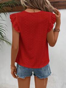 SHEIN Frenchy Eyelet Embroidery Ruffle Trim Round Neck Lace Trimmed Tee Christmas Summer New Year Red - Red - View 3