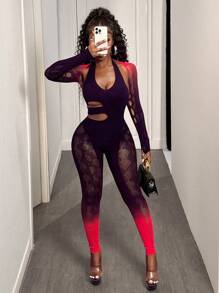 BamGleam Women Two-Piece Set Gradient Mesh Patchwork Sexy Long Sleeve Jumpsuit - Black - View 1