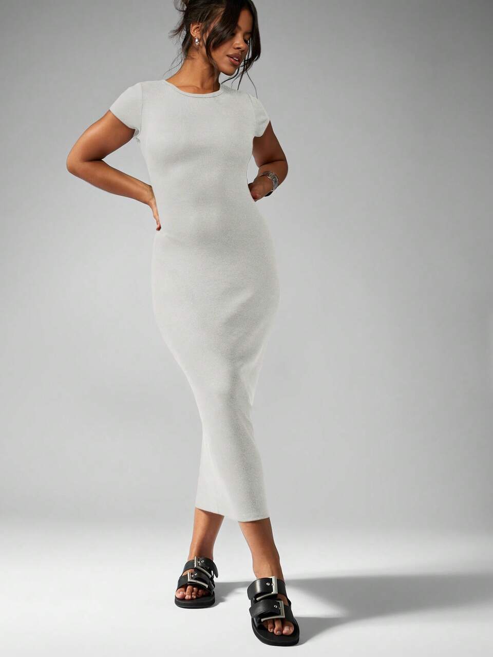 MISSGUIDED Ribbed Jersey Bodycon Midi T-Shirt Dress Fitted Stretch High End Minimalist Chic Sophisticated Lightweight Casual Occasion Day Night Versatile