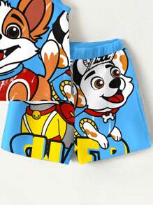 SHEIN 2pcs Puppies, Cartoon, Young Boy Print Casual Short Sleeve Set, Suitable For Spring & Summer