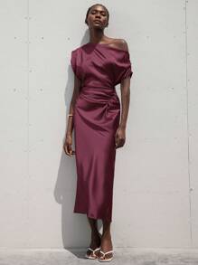 Aveloria Modichic Satin-Spaghettiträger-Raffungen-Taille langes Kleid für Frauen - Rot - Übersicht 6