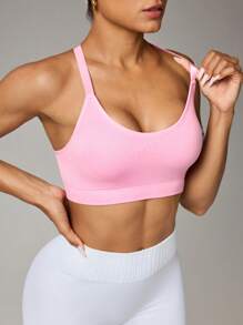 SHEIN Sport Studio 1pc Base Layer Moisture-Wicking Crossback Adjustable Sport Bra, Pink, Suitable For Fitness/Yoga