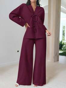 Firerie Plus Size Elegant Business Casual Two Pieces Set: Loose Tie-Front Blouse & High-Waist Relaxed Fit Pants, Suitable For Commute, Work, Afternoon Tea, Dates, Concerts, Parties, Vacation,Business Casual Woman